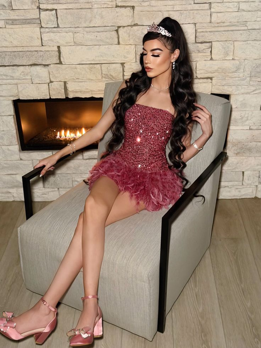 Sexy Strapless Rouge Pink Sequin Feather Mini Cocktail Dress Short 8th Grade Homecoming Dress SP2306