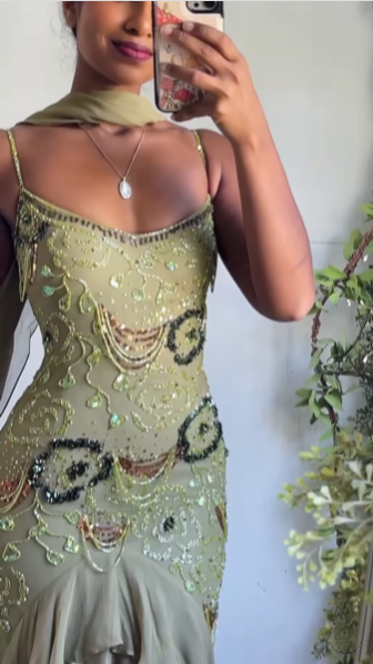 Classy Spaghetti Straps Sage Green Chiffon Beaded Mermaid Long Party Dress Birthday Outfits SP902