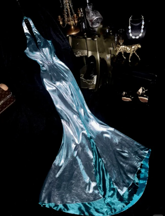 Stylish Halter Deep V Satin Beaded Mermaid Prom Dress Blue Long Party Dress SP1412