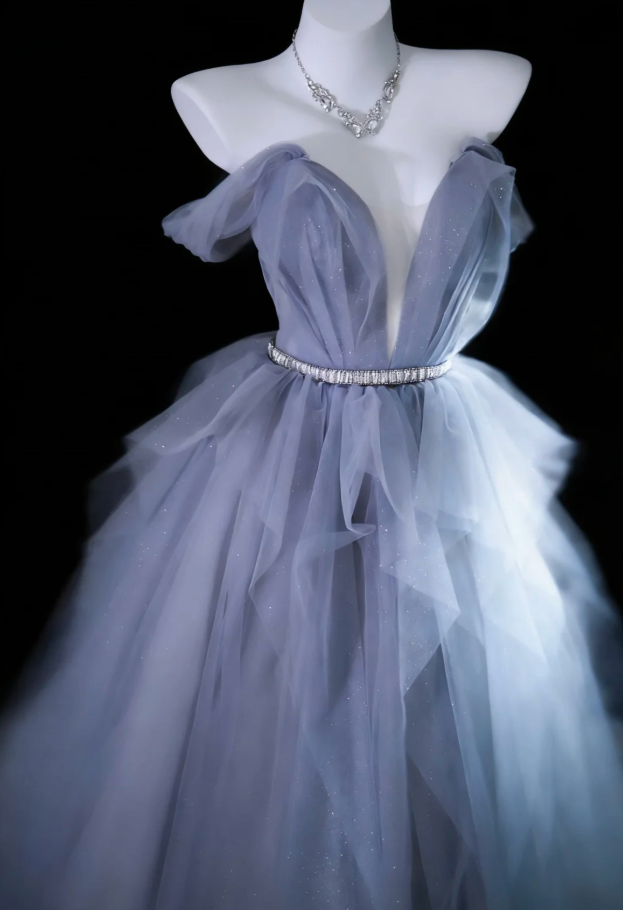 Shiny Blue Off The Shoulder Tulle Sequin Long Evening Dress 20th Birthday Outfits With Beads SP1837