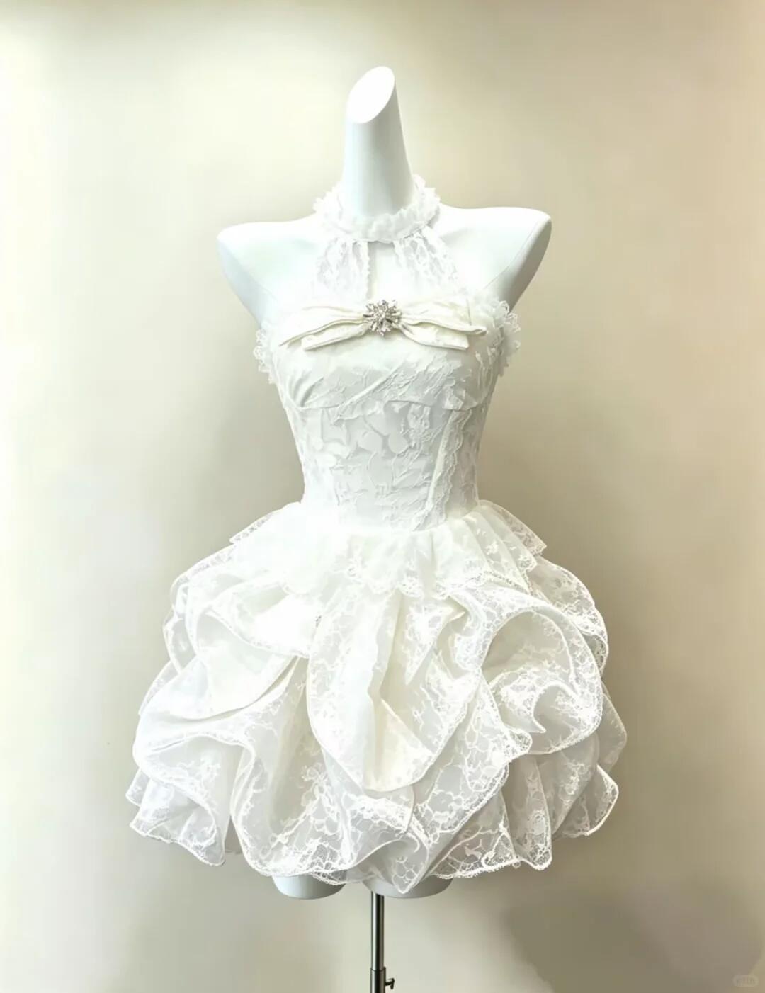 Cute Halter White Lace Pleated A Line Short 8th Grade Homecoming Dress Birthday Outfits SP2510