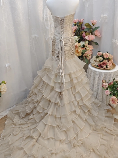 Elegant Strapless Chiffon Ruffled Layered Mermaid Long Wedding Dress Formal Bridal Dress SP2256