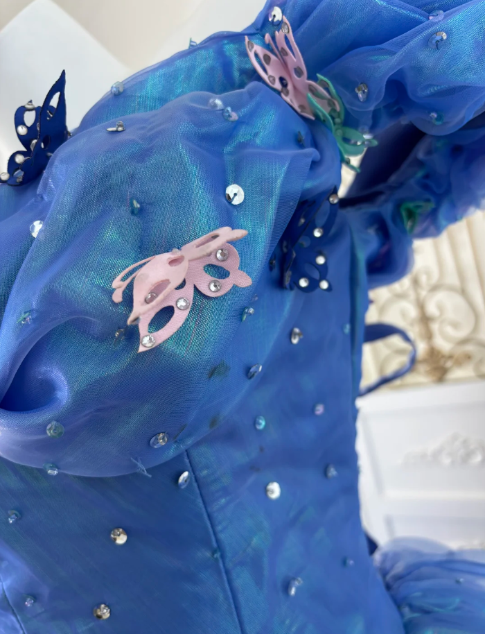 Cute V Neck Blue Tulle Beaded Ball Gown Off The Shoulder Princess Quinceanera Dress SP1445