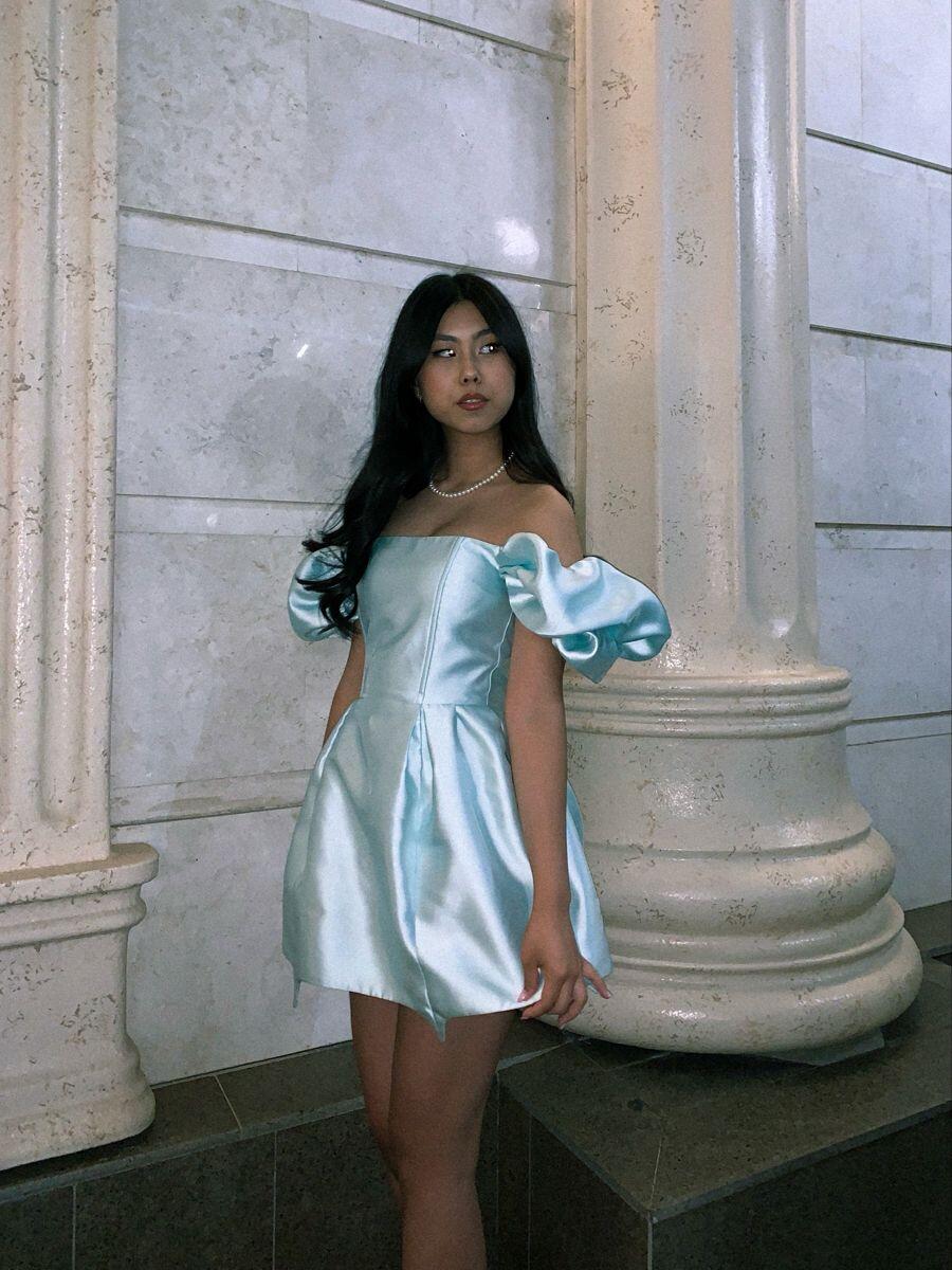 Cute Blue Off The Shoulder Satin A Line Short Graduation Homecoming Dress Cocktail Dress SP3479