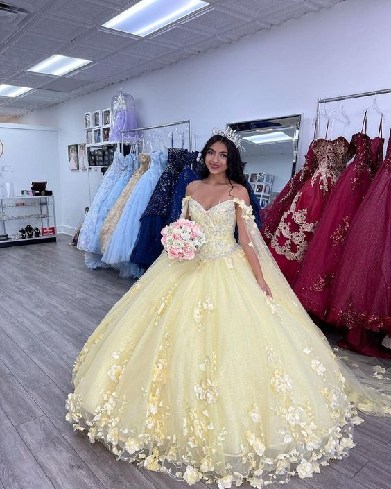 Yellow 3D Flowers Ball Gown Dress Sweet 16 Dress Y6578