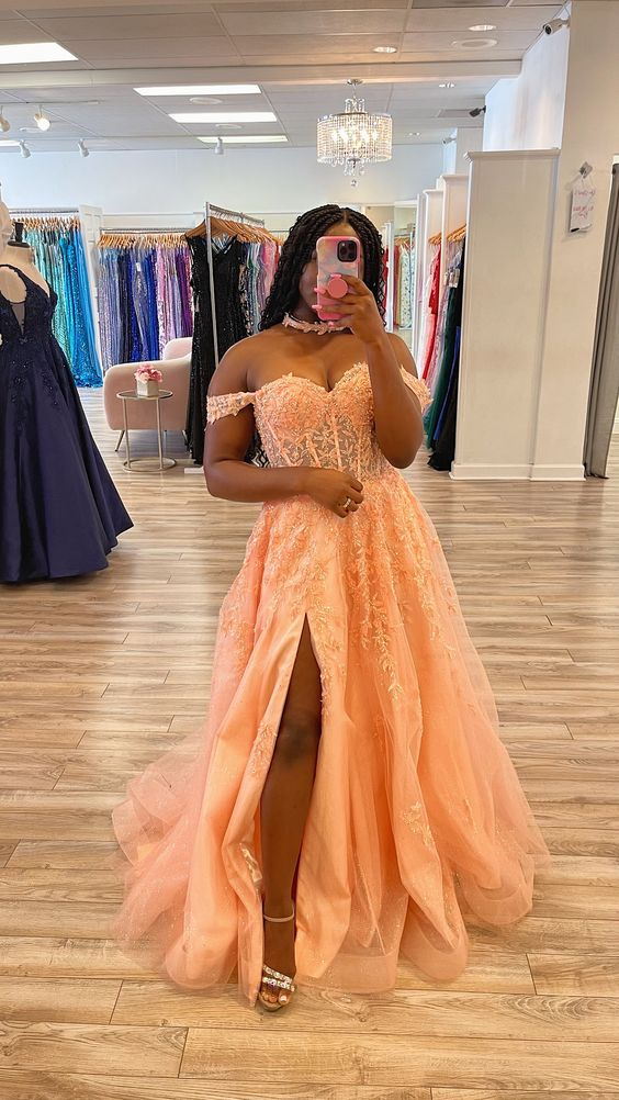 Peach Pink Glitter Tulle Appliques Evening Dress with Corset Bodice Y6 Simplepromdress Peach Pink Glitter Tulle Appliques Evening Dress with Corset Bodice Y6 Simplepromdress