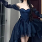 Spring Summer Vintage Style Off Shoulder Navy Blue Party Dress Women Elegant Princess Dress Y4808