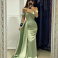 Charming Off The Shoulder Sage Green Long Evening Dress Y4052