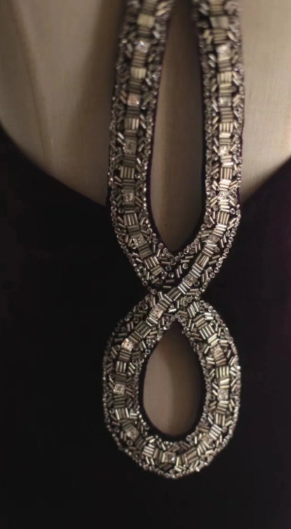 Sexy Purple V Neck Velvet Beaded Mermaid Long Wedding Guest Dress Formal Evening Dress SP1248