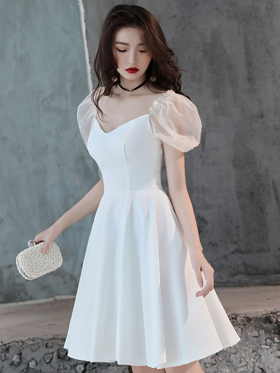 White Satin Short Prom Dress, White Homecoming Dress,Y2423