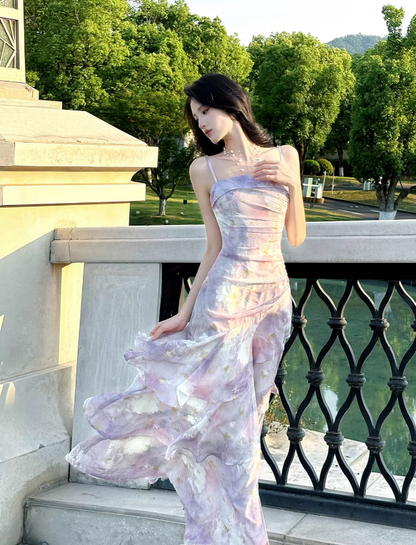 Pretty Spaghetti Straps Purple Chiffon Ruffles Print Floral Mermaid Long Party Dress Birthday Prom Gowns SP1992