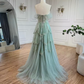 Sage Green A-Line Off The Shoulder Tulle Beaded Evening Dress,Formal Prom Dress Y8157