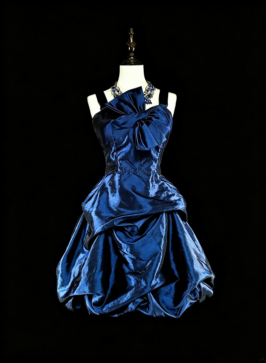 Stylish Spaghetti Straps Blue Satin Pleated A Line Short 8th Grade Homecoming Dress Cocktail Dress SP3391