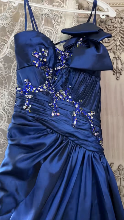 Pretty Spaghetti Straps Navy Blue Satin Beaded Mermaid Long Party Dress Evening Dress SP2155