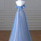 Blue Spaghetti Strap Tulle Long Prom Dress, Beautiful A-Line Evening Dress Y4592