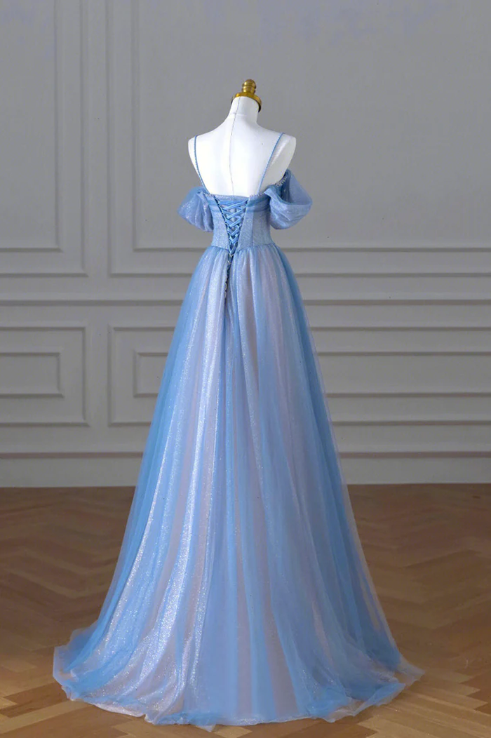 Blue Spaghetti Strap Tulle Long Prom Dress, Beautiful A-Line Evening Dress Y4592
