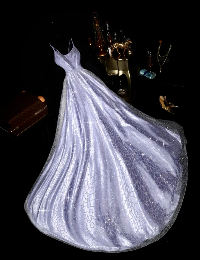 Elegant Spaghetti Straps Lilac Organza Sequin Mermaid Evening Dress Long Prom Gown SP779