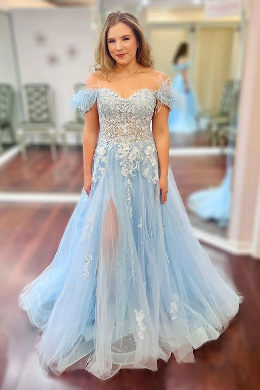 Glitter Off The Shoulder Light Blue Corset Prom Dress with Appliques Y6626