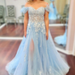 Glitter Off The Shoulder Light Blue Corset Prom Dress with Appliques Y6626