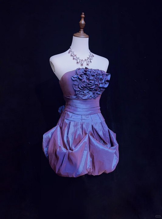 Cute Strapless Purple Satin Pleated A Line Short Graduation Homecoming Dress,Short Prom Gown SP2907