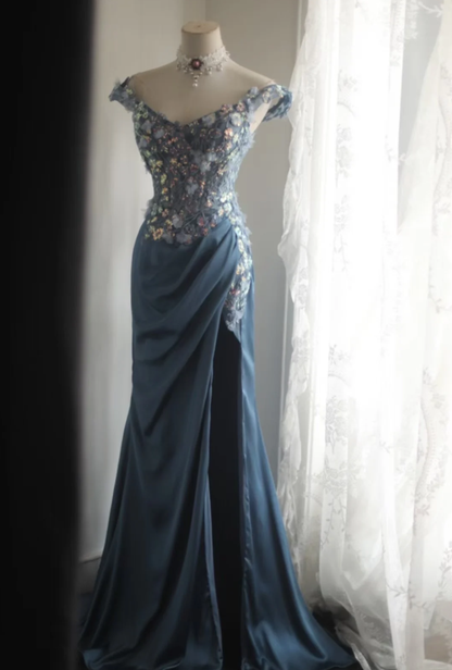 Elegant Blue Off The Shoulder Satin Sequin Appliques Mermaid Evening Dress Silt Long Wedding Guest Dress SP1211