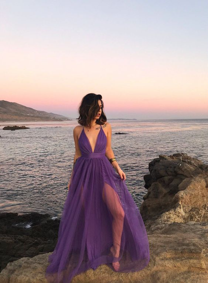 Simple Purple Tulle A line Long Evening Prom Dresses Custom