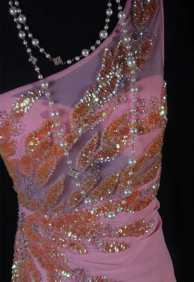 Elegant Pink One Shoulder Chiffon Sequin Beaded Mermaid Evening Dress Slit Long Birthday Prom Dress SP1692