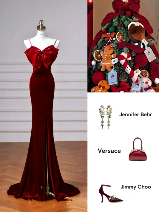 Charming Burgundy Velvet Slit Mermaid Evening Dress Long Prom Dress Y8603
