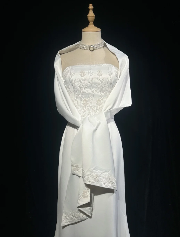 Charming Strapless Satin Beaded Mermaid Evening Dress White Long Birthday Dress SP1790