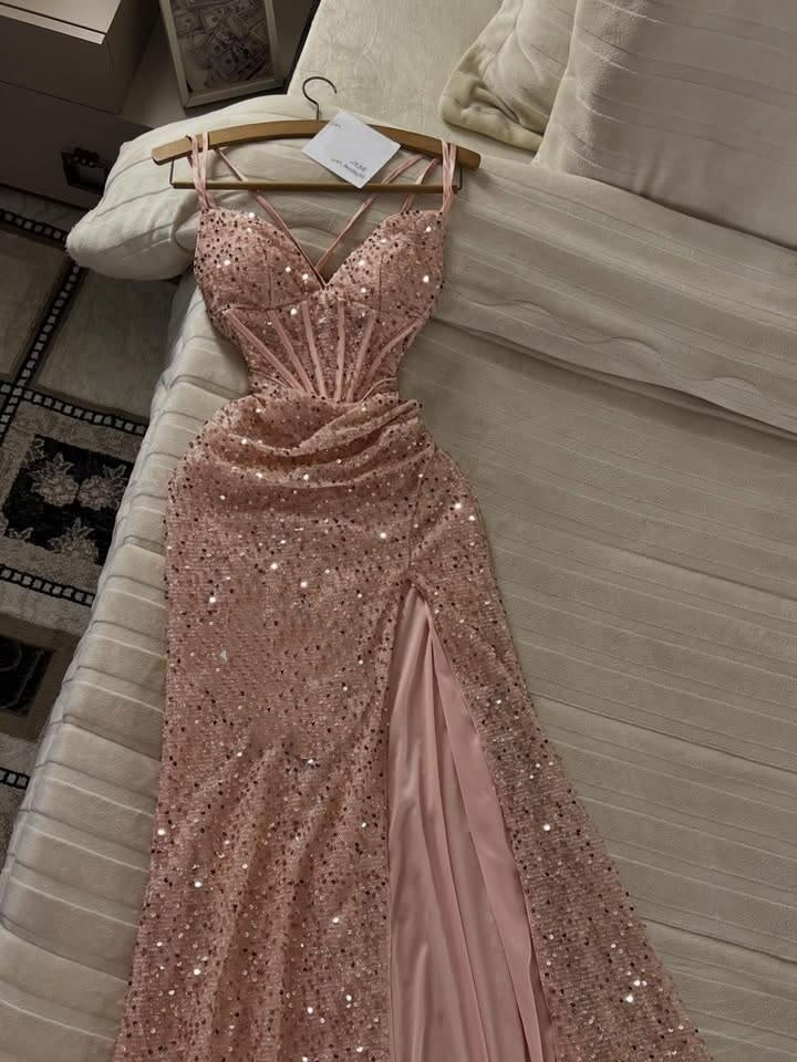 Elegant Spaghetti Straps Pink Sequin Slit Mermaid Party Dress Long Wedding Guest Dress SP2680