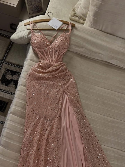 Elegant Spaghetti Straps Pink Sequin Slit Mermaid Party Dress Long Wedding Guest Dress SP2680
