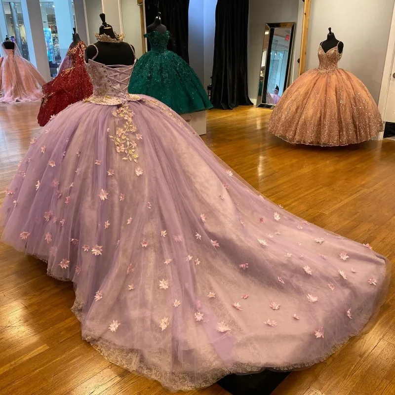Pretty Spaghetti Straps 3D Flowers Adorned Court Train Quinceanera Ball Gown Lace Inside Y1247