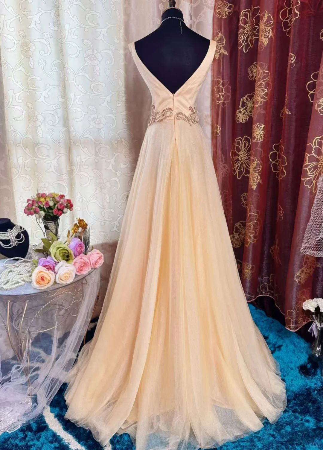 Retro Sleeveless Tulle Beaded A Line Long Wedding Guest Dress Formal Evening Dress SP2381