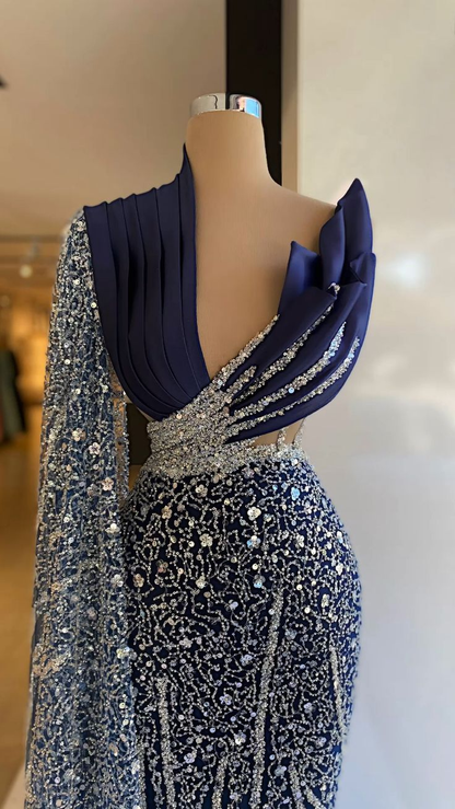 Navy Blue One Shoulder Evening Dresses V Neck Prom Gowns Custom Made Sequin Sparkly Formal Party Dresses Y4936