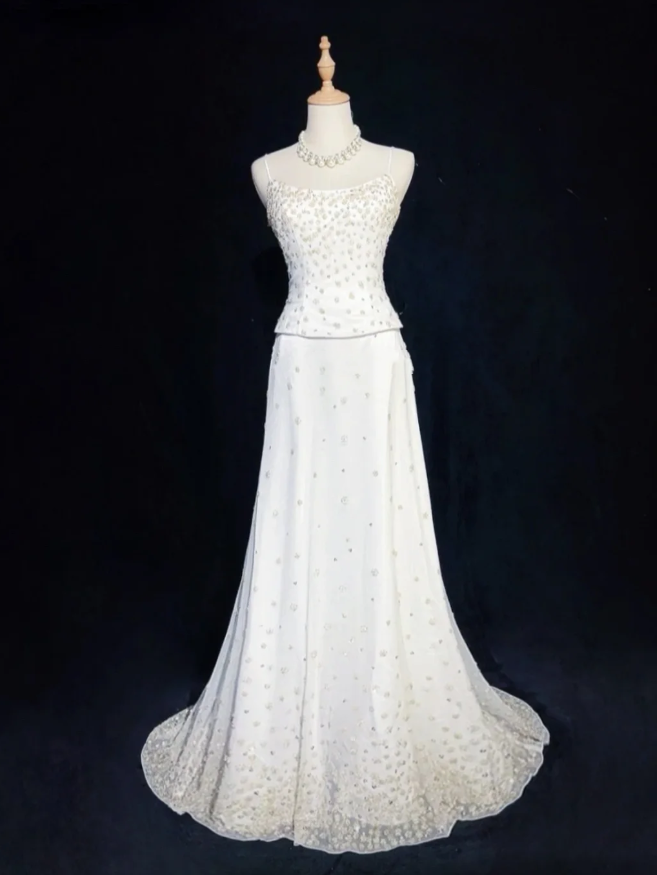 Elegant Spaghetti Straps White Tulle Beaded Mermaid Evening Dress Long 17th Birthday Outfits SP1783