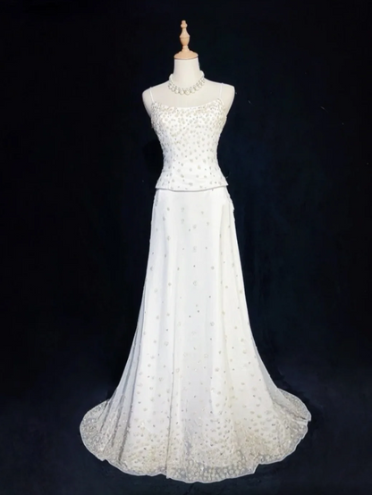 Elegant Spaghetti Straps White Tulle Beaded Mermaid Evening Dress Long 17th Birthday Outfits SP1783