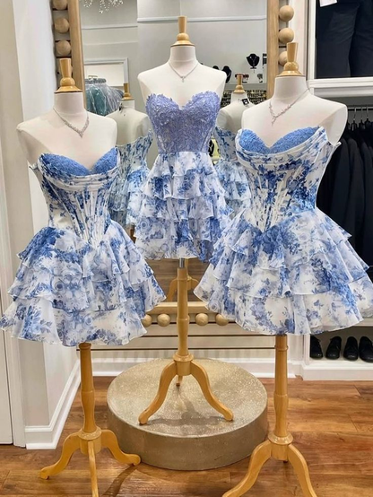 Elegant A Line Sweetheart Blue Chiffon Floral Ruffle Homecoming Dress Short 18th Birthday Outfits Y9357