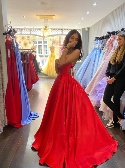 Classic Red A line Satin Prom Dress With Pockets Y7164