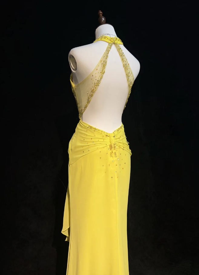Sexy Yellow Halter V Neck Chiffon Beaded Mermaid Evening Dress Backless Long Prom Gowns SP1967