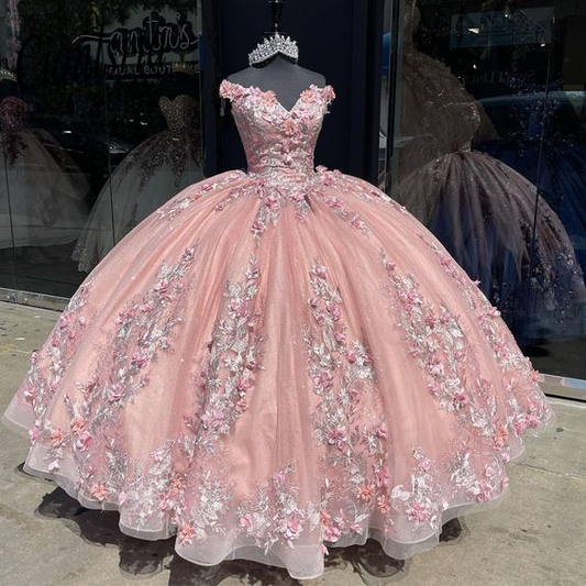 Off Shoulder 3D Appliques Ball Gown Quinceanera Dress For 15 Birthday Party Y6298