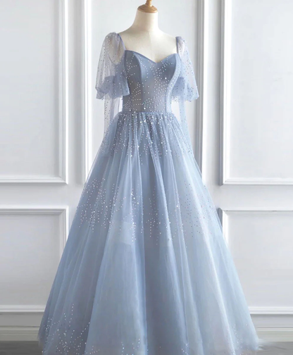 V Neck Tulle Sequin Blue Long Prom Dress, Blue Formal Graduation Dress Y4453
