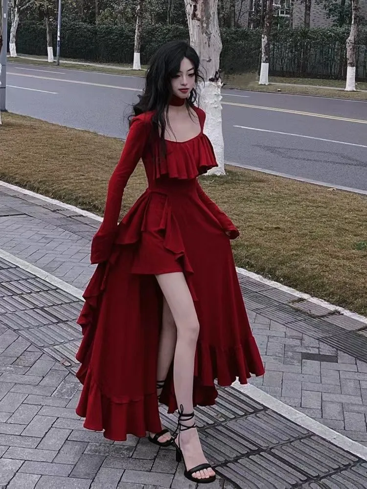 Women Autumn Long Sleeve Midi Dress Elegant Ruffles Red Square Neck Ir Simplepromdress Women Autumn Long Sleeve Midi Dress Elegant Ruffles Red Square Neck Ir Simplepromdress