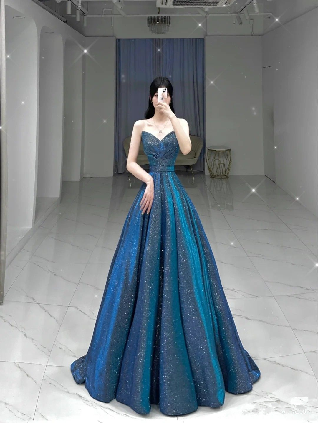 Glitter Blue Tulle Long Prom Dress A-line Evening Gown Y316 –  Simplepromdress