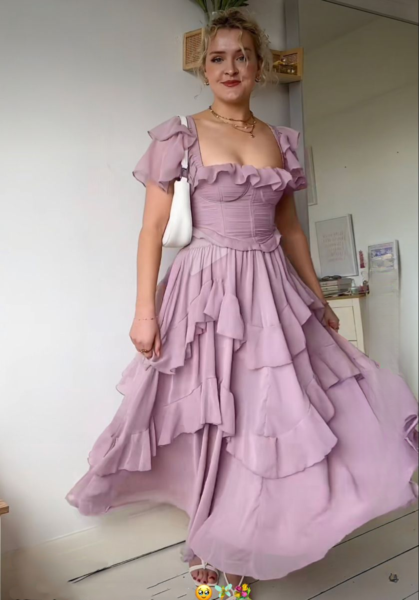 Elegant Lilac Square Chiffon Ruffled A Line Long Party Dress Birthday Dress SP2314