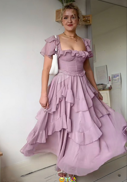 Elegant Lilac Square Chiffon Ruffled A Line Long Party Dress Birthday Dress SP2314
