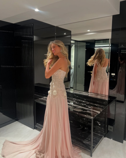 Glamorous One Shoulder Pink Chiffon Pleated Beaded Mermaid Party Dress Prom Dress SP446