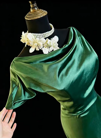Elegant Emerald Green Satin Mermaid Party Dress Long Wedding Guest Dress SP2764
