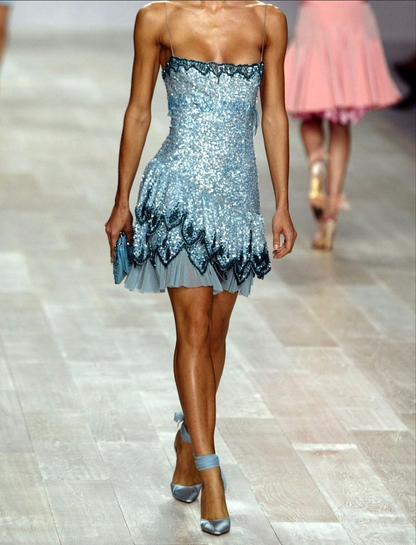 Vintage Spaghetti Straps Blue Sequin Mini Formal 8th Grade Homecoming Dress Short 20th Birthday Outfits Y9202