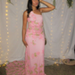 Charming One Shoulder Pink Satin Lace Sequin Mermaid Long Party Dress Formal Long Wedding Guest Dress SP1346
