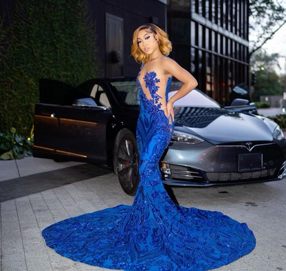 Sparkly Royal Blue Mermaid Long Prom Dress With Train Sexy Evening Dresses Y4122